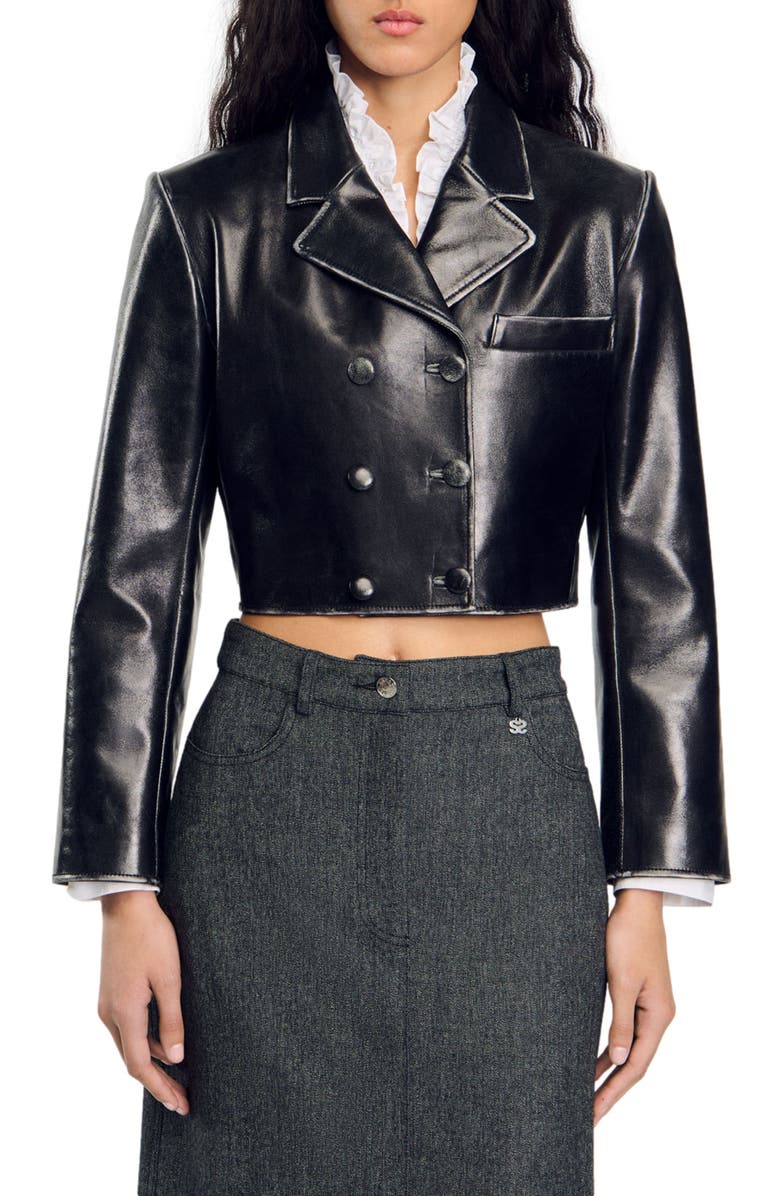 SANDRO Cropped leather jacket, Alternate, color,