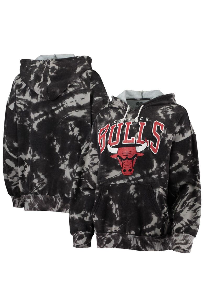 Women's Majestic Threads Black Chicago Bulls Burble Tie-Dye Tri-Blend Pullover Hoodie, Main, color, Black