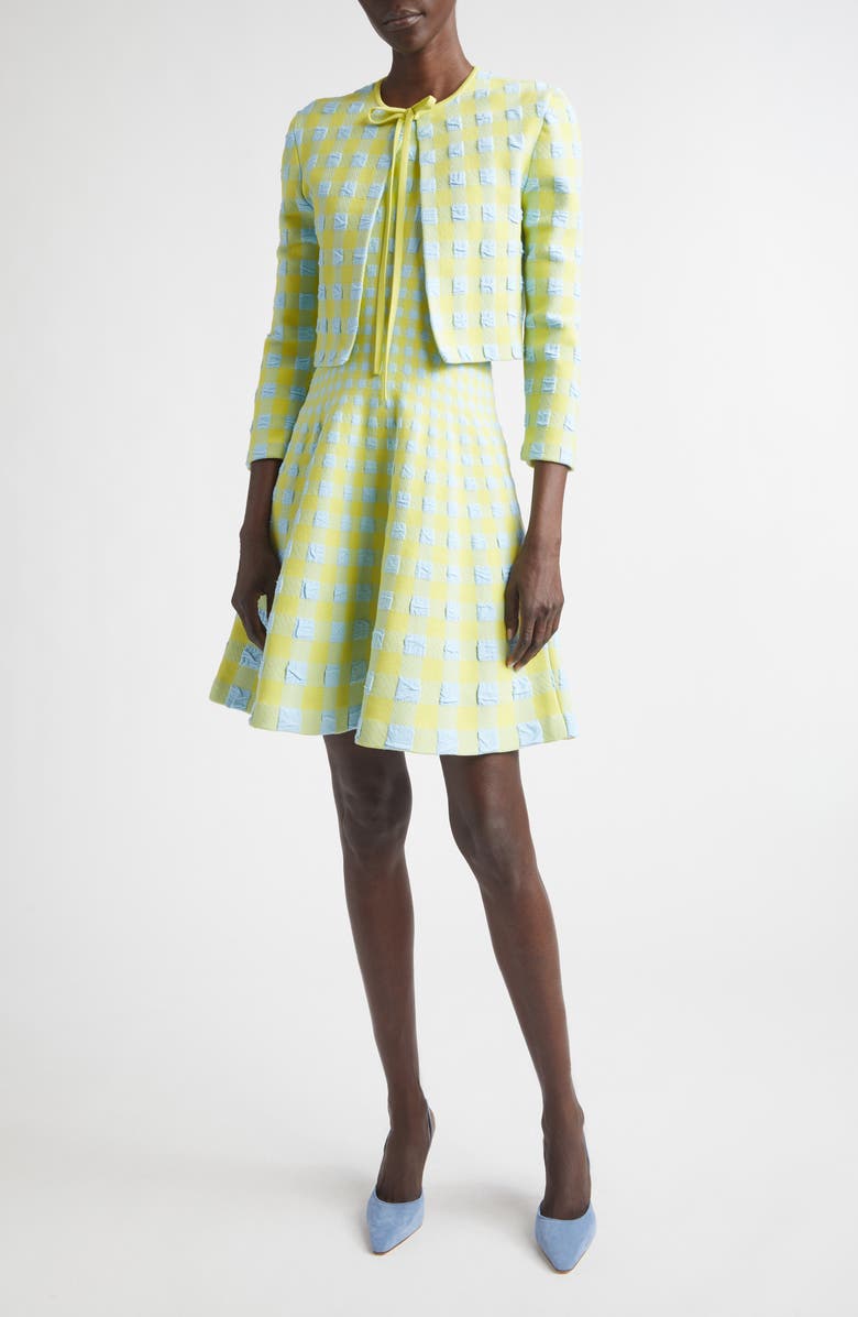 Oscar de la Renta Gingham Check Jacquard Fit & Flare Sweater Dress, Alternate, color, Cerulean/ Pear
