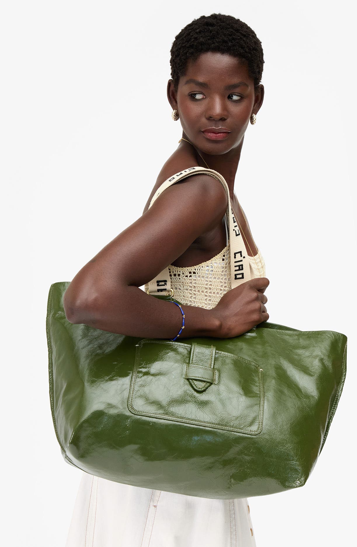 Grande Bateau Crinkle Patent Leather Tote, Alternate, color, ARMY