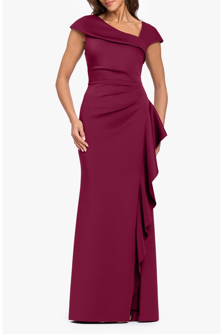 Asymmetric Neck Scuba Knit Trumpet Gown, Main, color, WINE