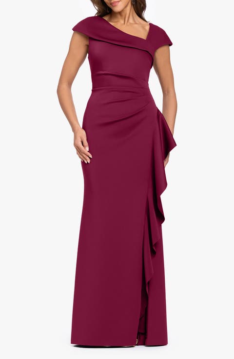 Asymmetric Neck Scuba Knit Trumpet Gown