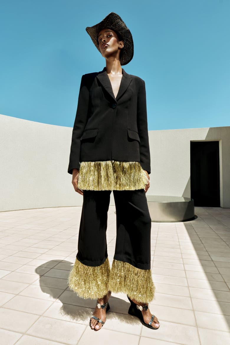 Odette Crepe Fringe Blazer, Alternate, color, Black