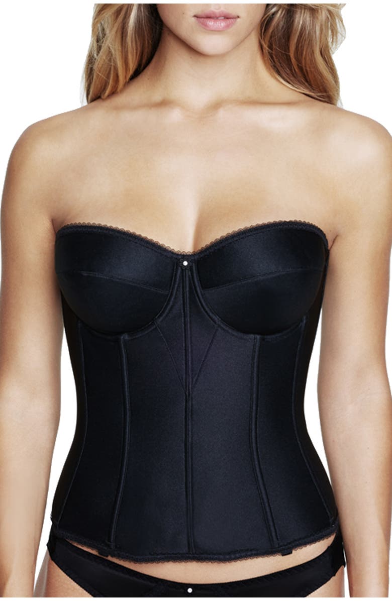 Dominique Intimates Juliette Satin Low Back Convertible Strapless Corset Longline Bra, Main, color, Black