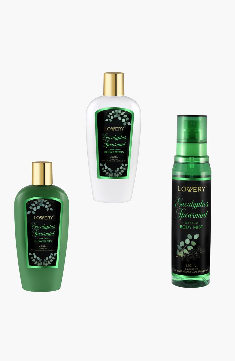 Lovery Eucalyptus Spearmint Bath and Body Travel Set, Alternate, color, Green / White / Gold