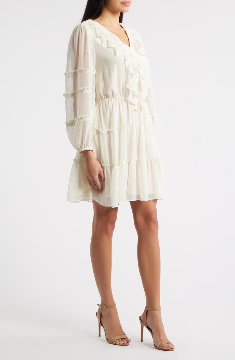CeCe Metallic Dot Long Sleeve Ruffle Dress, Alternate, color, New Ivory