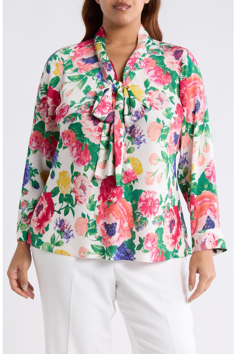 Floral Tie Neck Satin Top, Main, color, IVORY MULTI