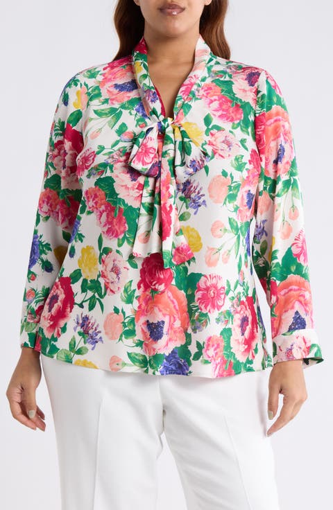 Floral Tie Neck Satin Top (Plus)