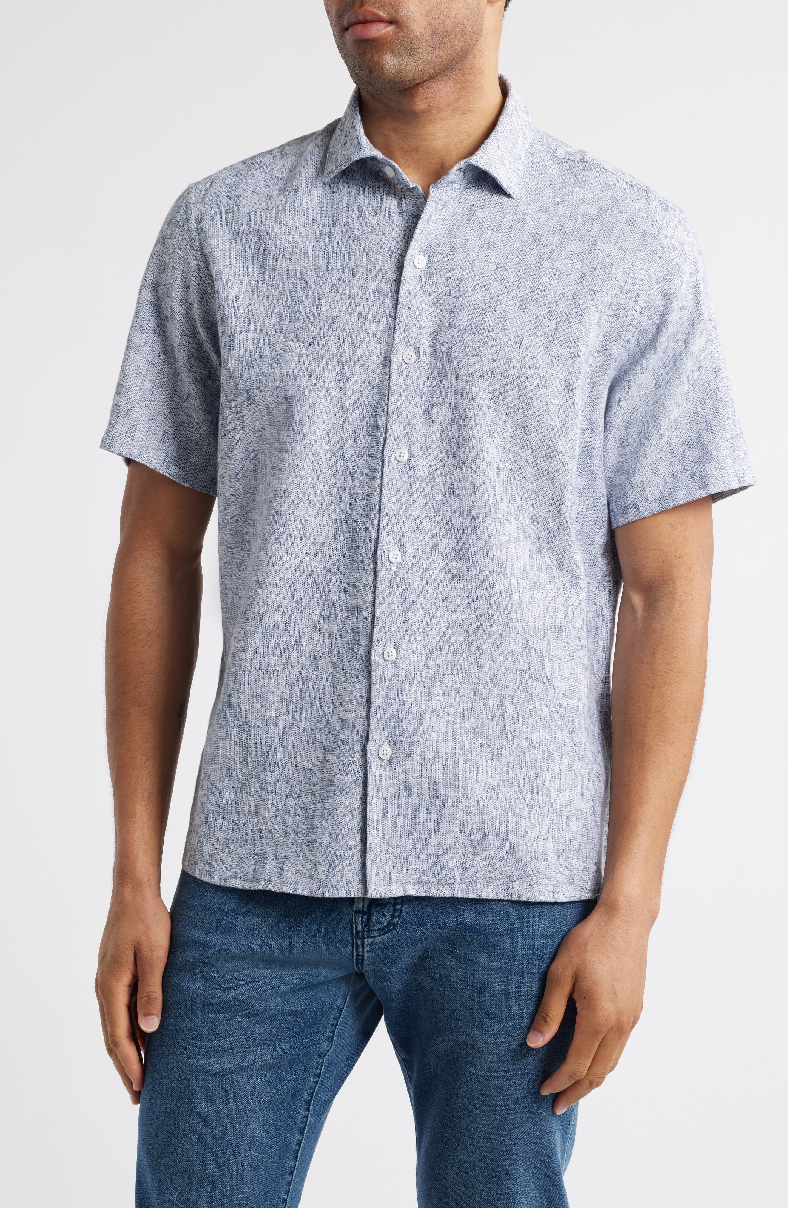 Robert Barakett Wymer Short Sleeve Cotton & Linen Button-Up Shirt