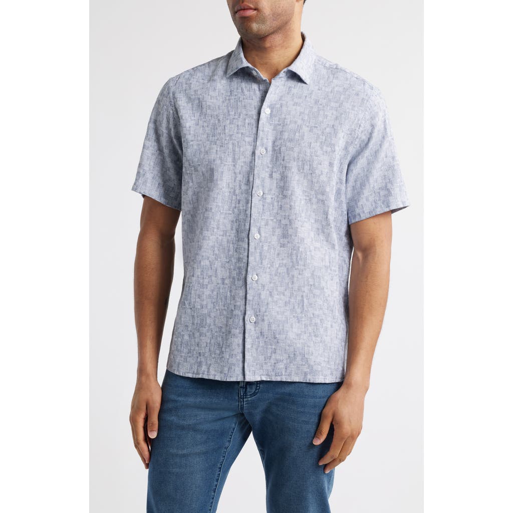 Robert Barakett Wymer Short Sleeve Cotton & Linen Button-up Shirt In Blue