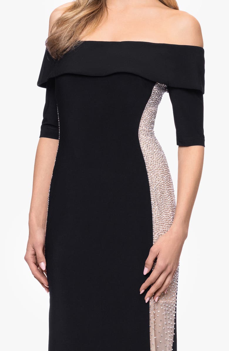 Xscape Evenings Beaded Mesh Inset Mermaid Gown, Alternate, color, Black/ Beige/ Silver