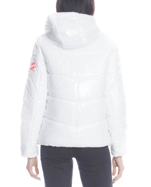 Members Only Hi-shine Chevron Quilt Puffer With Nickelodeon Mashup Print Lining Jacket In White