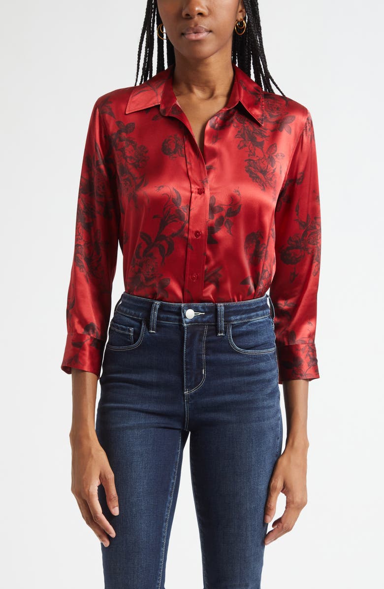 L'AGENCE Dani Floral Print Silk Button-Up Shirt, Main, color, Painterfly Flower