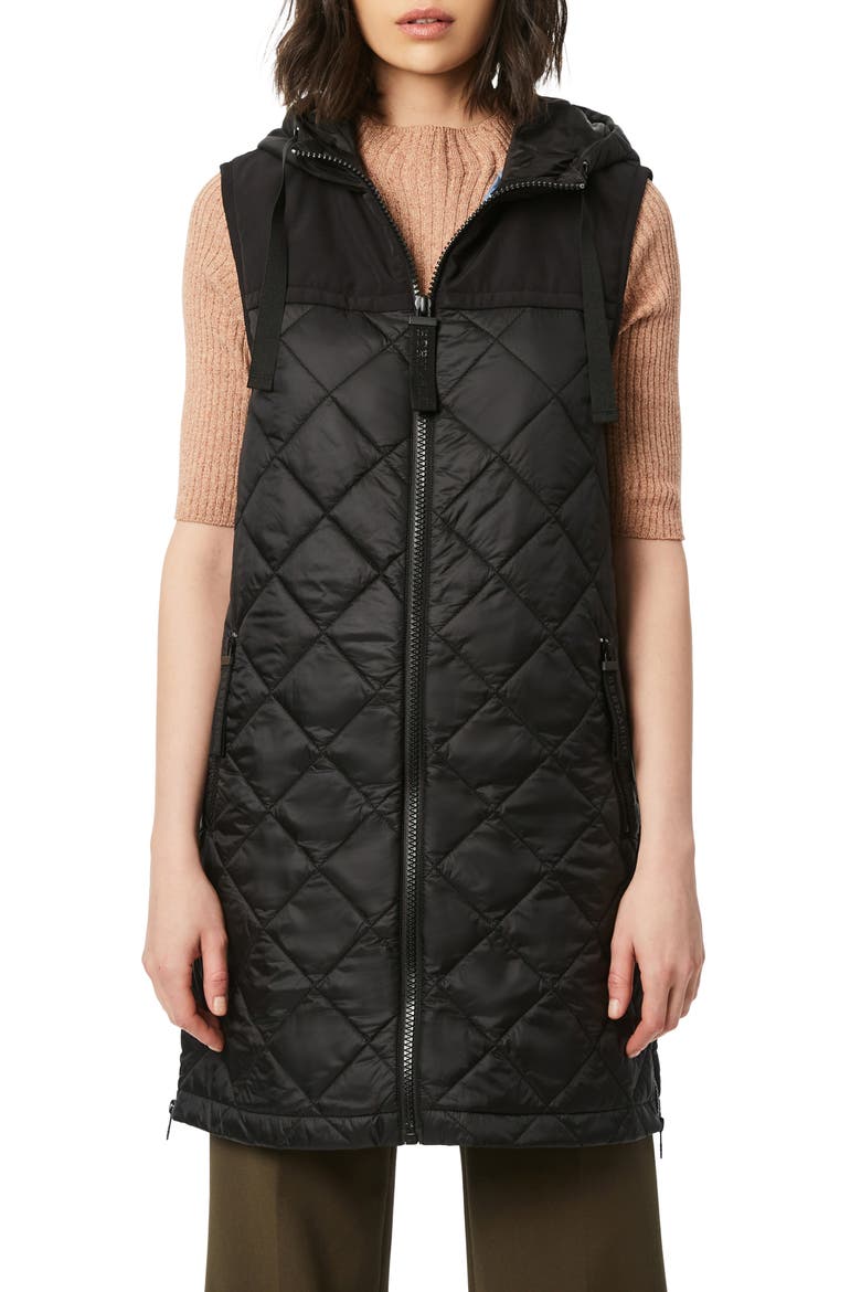 Recycled Nylon Quilted Long Vest with Hood, Main, color, BLACK