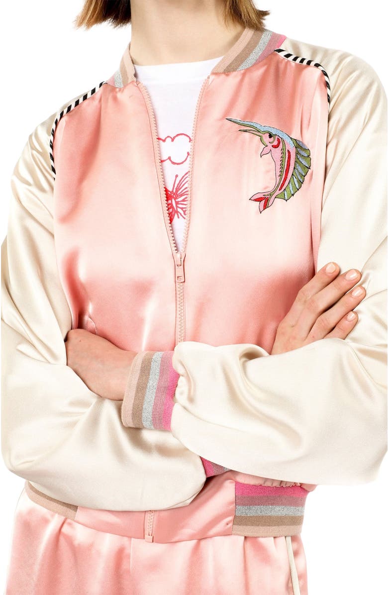 Anna Sui Satin Embroidered Souvenir Jacket, Alternate, color, Pastel Pink