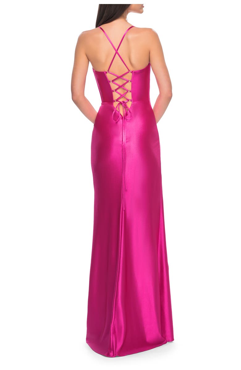 La Femme Neon Stretch Satin Gown with Bustier Top and Lace Up Back, Alternate, color, Hot Fuchsia