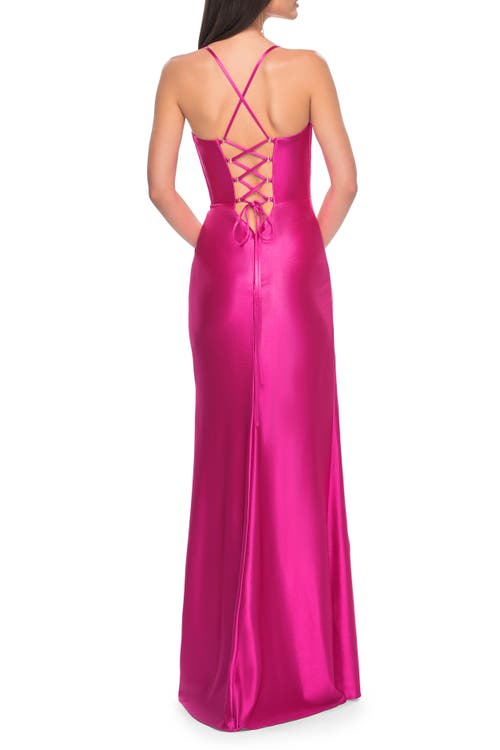 La Femme Neon Stretch Satin Gown With Bustier Top And Lace Up Back