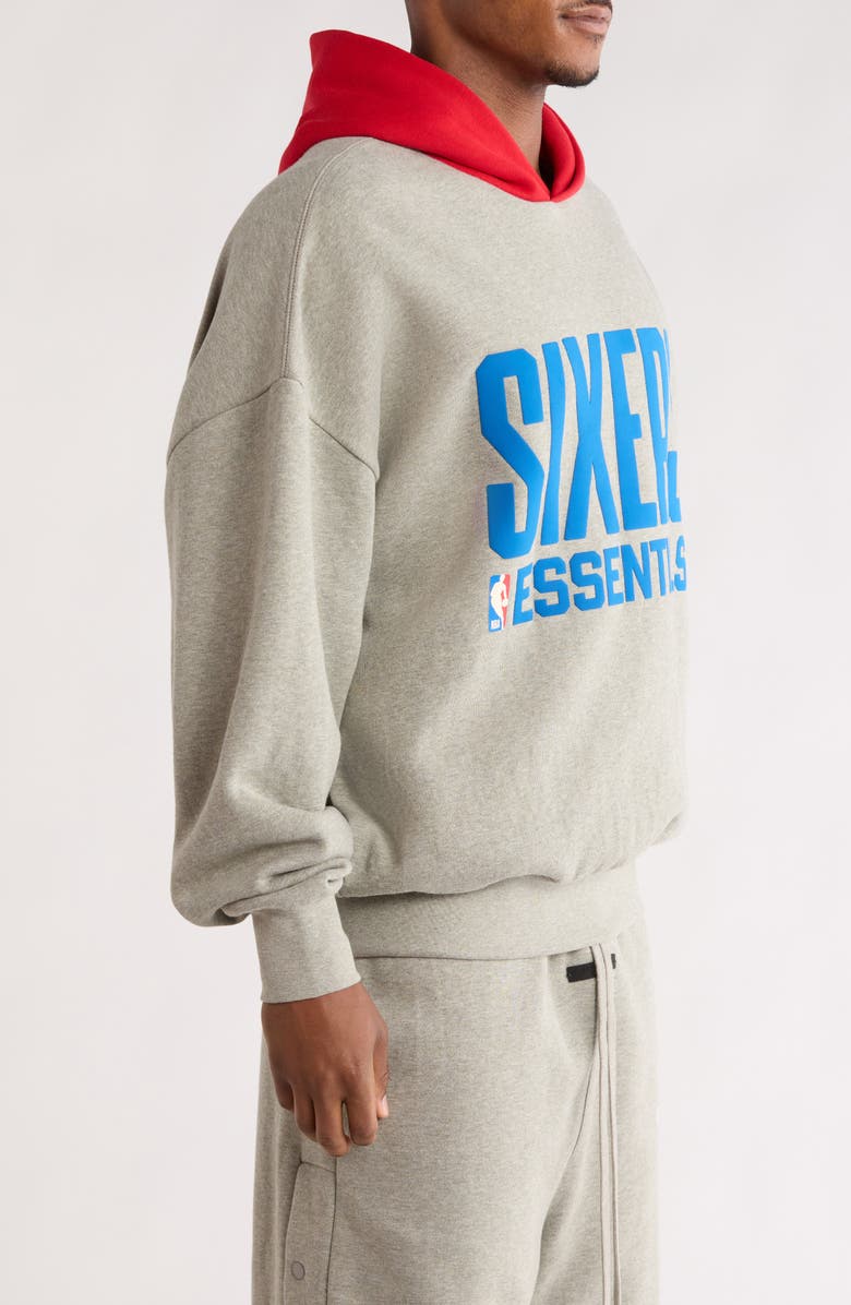 Fear of God Essentials Sixers Cotton Blend Hoodie, Alternate, color, Concrete Heather/ Red