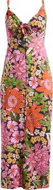 FARM Rio Vivi Rosette Detail Floral Linen Blend Maxi Dress