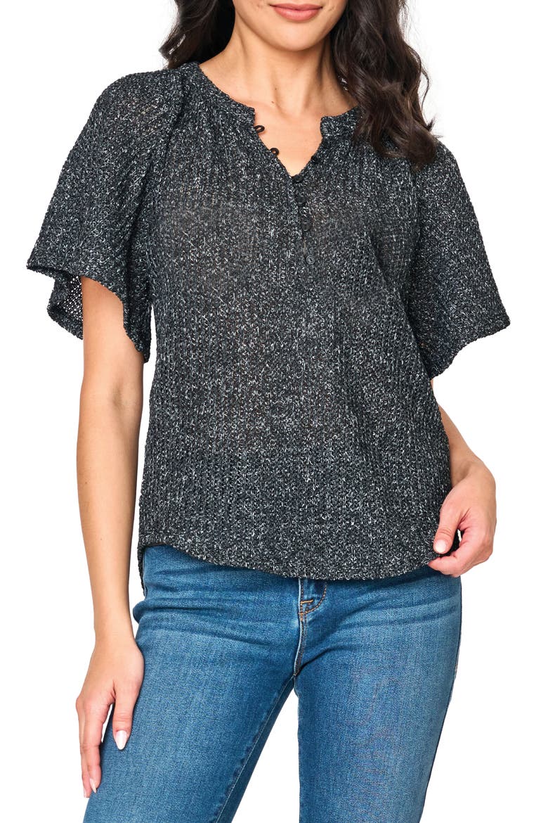 The Jordan Open Stitch Flutter Sleeve Sweater, Main, color, BLACK