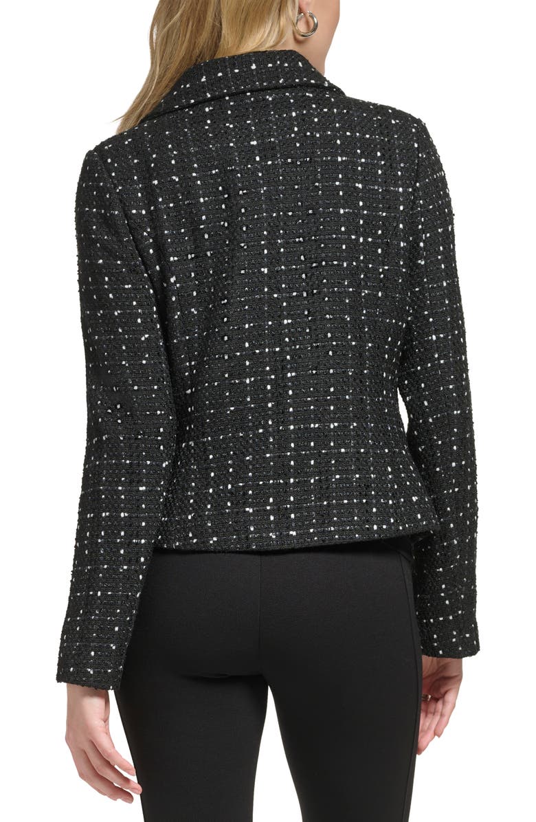 KARL LAGERFELD PARIS Logo Enamel Pin Tweed Moto Jacket, Alternate, color,