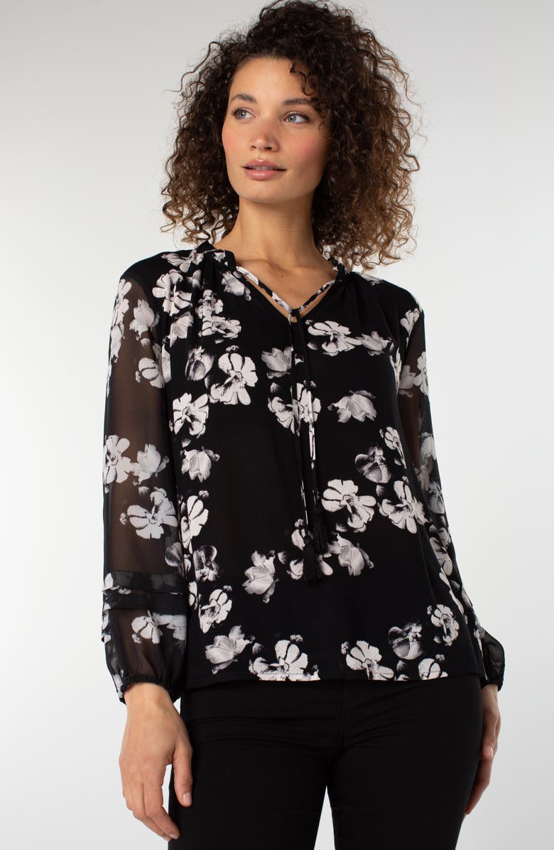 Liverpool Los Angeles Shirred Woven Popover Top, Alternate, color, Black White Floral