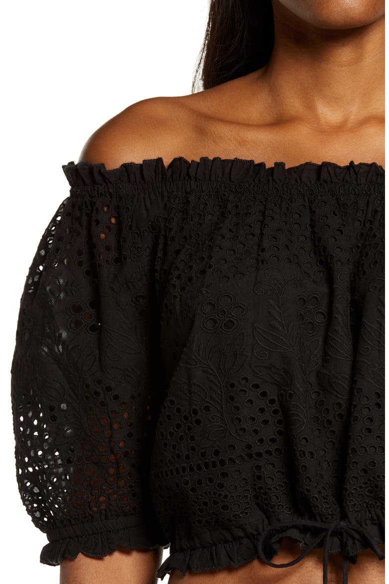 Francesca Eyelet Off the Shoulder Cover-Up Top, Alternate, color, BLACK