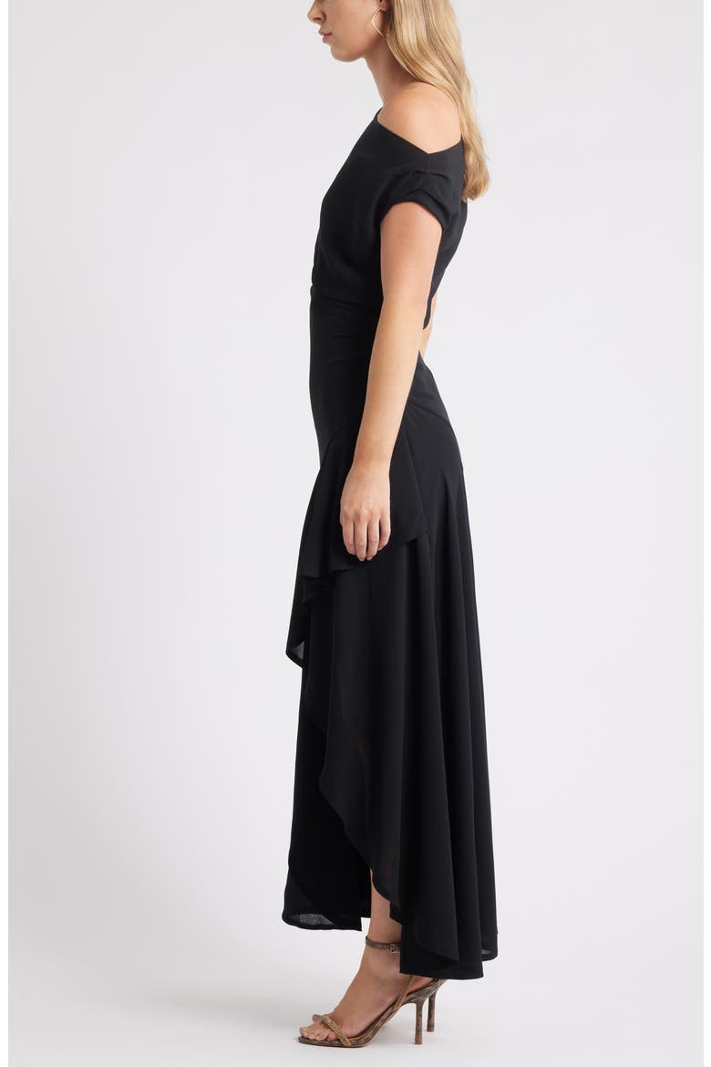 Cascading Off the Shoulder Evening Dress, Alternate, color, BLACK