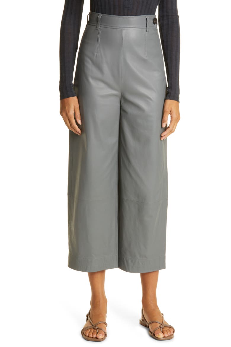 Leather Wide Leg Crop Pants, Main, color, SEA STONE