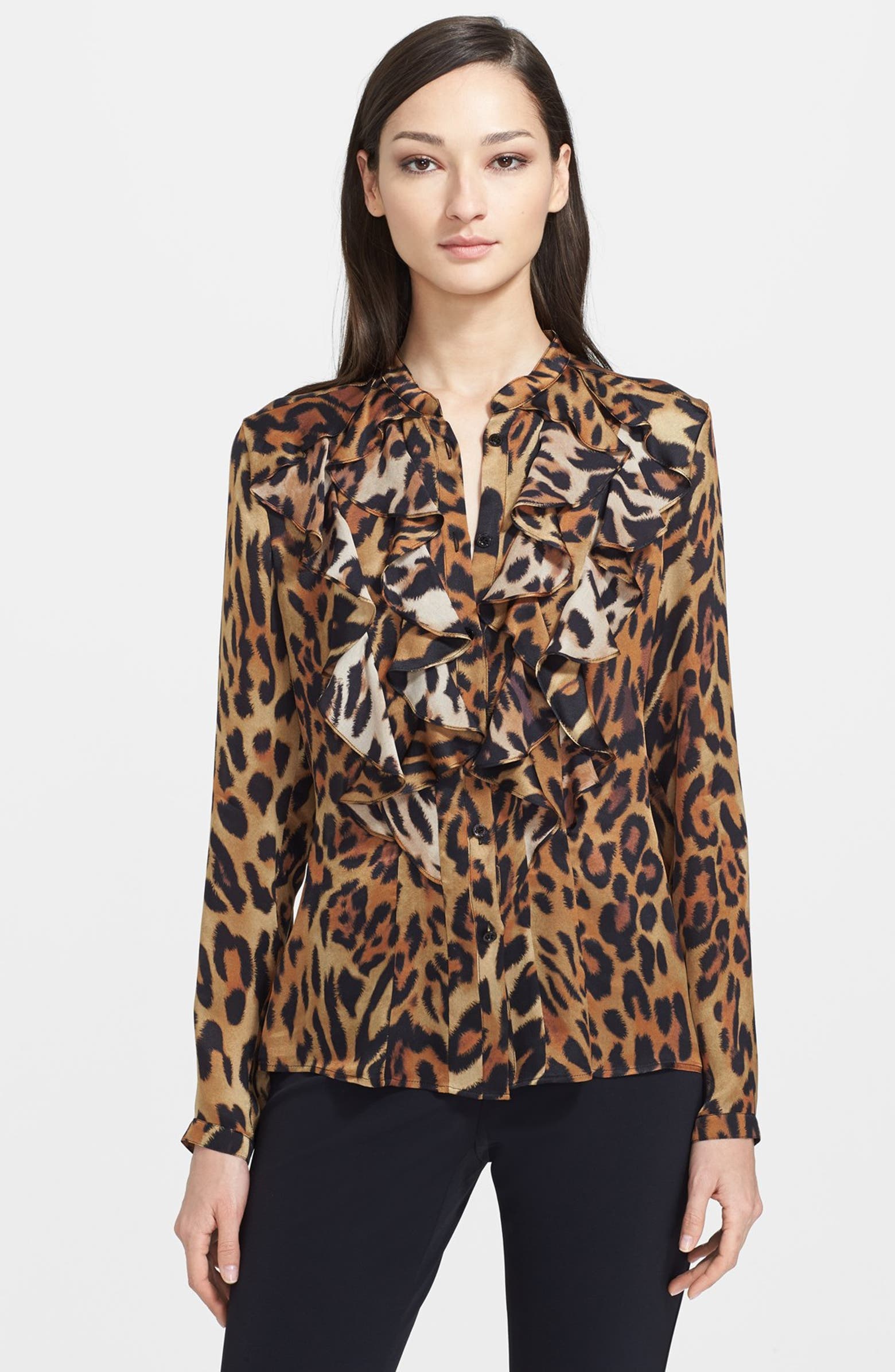 ESCADA Leopard Print Ruffled Silk Blouse | Nordstrom