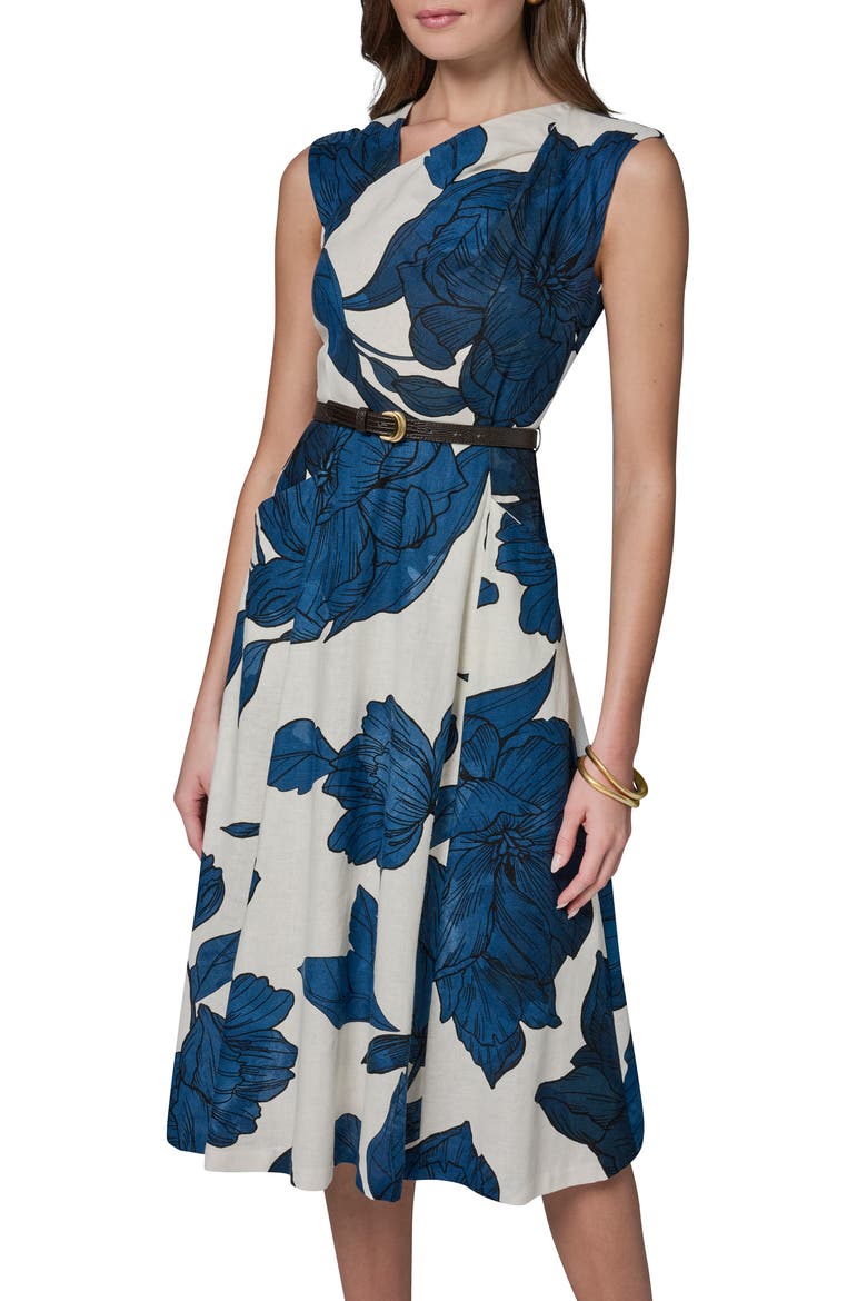 Belted Floral Linen Blend Fit & Flare Dress, Alternate, color, CREAM/ NIGHT