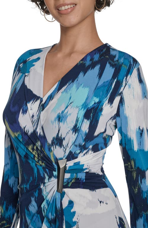 Calvin Klein Floral Long Sleeve Faux Wrap Dress In Blue