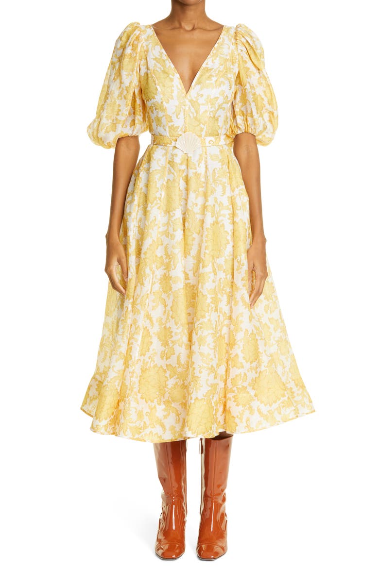 Postcard Puff Sleeve Belted Linen & Silk Midi Dress, Main, color, YELLOW TONAL FLORAL