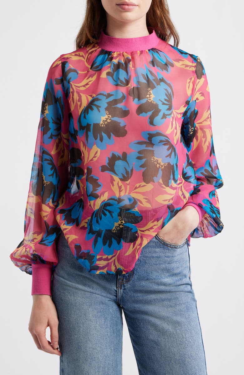 French Connection Eloise Floral Print Crinkled Blouse, Main, color, Fuschia Blue Jewel