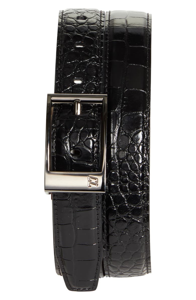 Christian Louboutin Bizbelt Logo Buckle Croc Embossed Calfskin Belt, Main, color, Black/ Loubi/ Gun Metal
