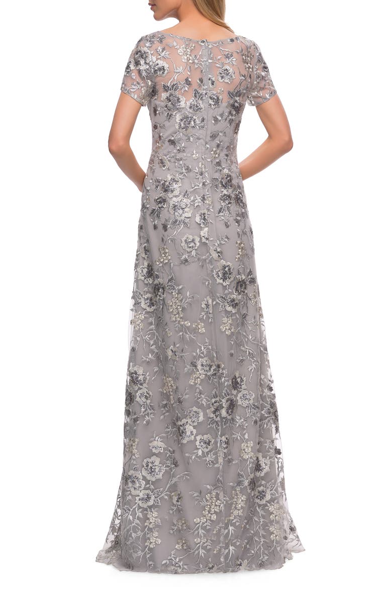 La Femme Satin Ball Gown with Criss Cross Back and Pockets, Alternate, color, Silver