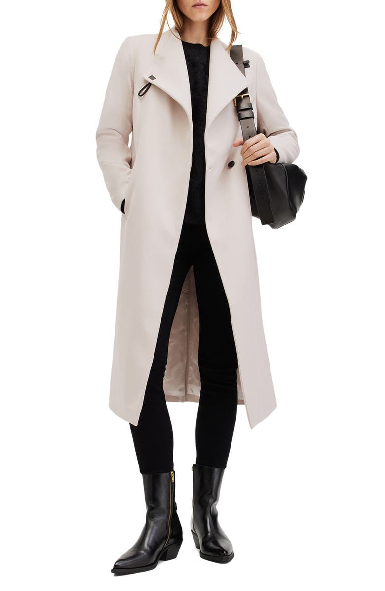 AllSaints Riley Wool Blend Belted Coat, Alternate, color, Desert White