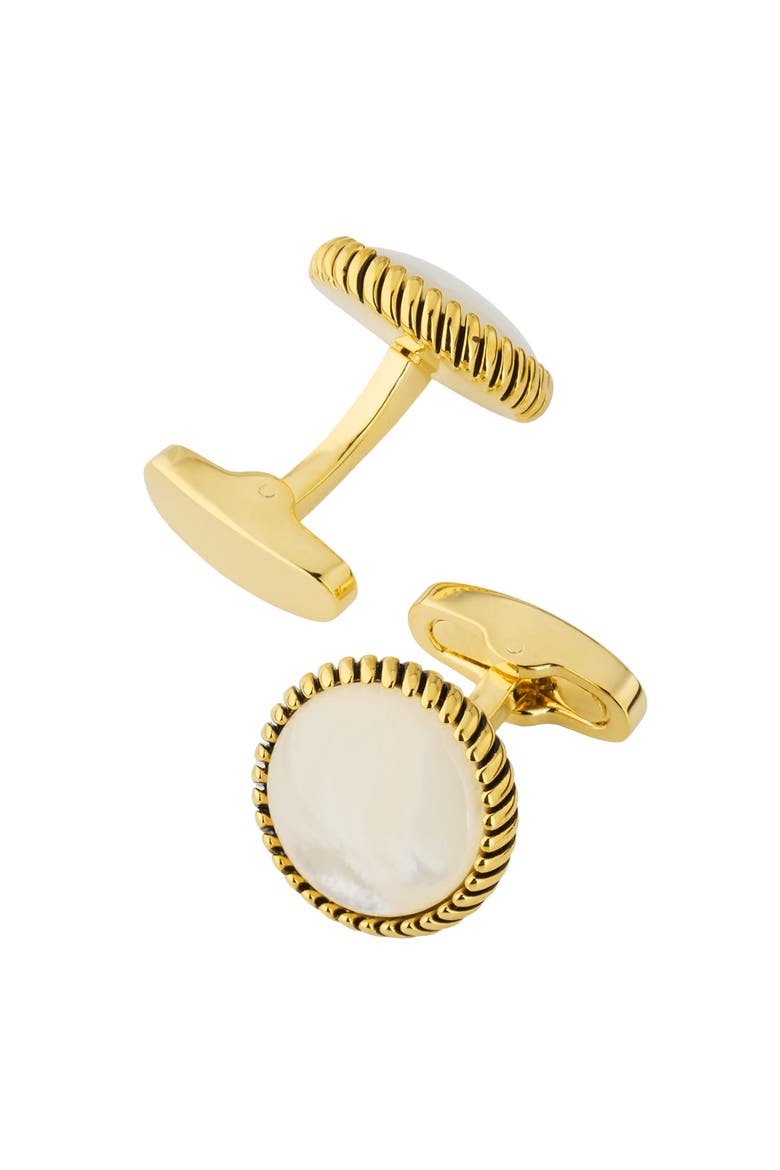 Round Cufflinks with Texture Border, Alternate, color, White/ Gold