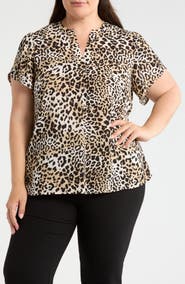 AK ANNE KLEIN Leopard Print Tulip Sleeve Popover Top