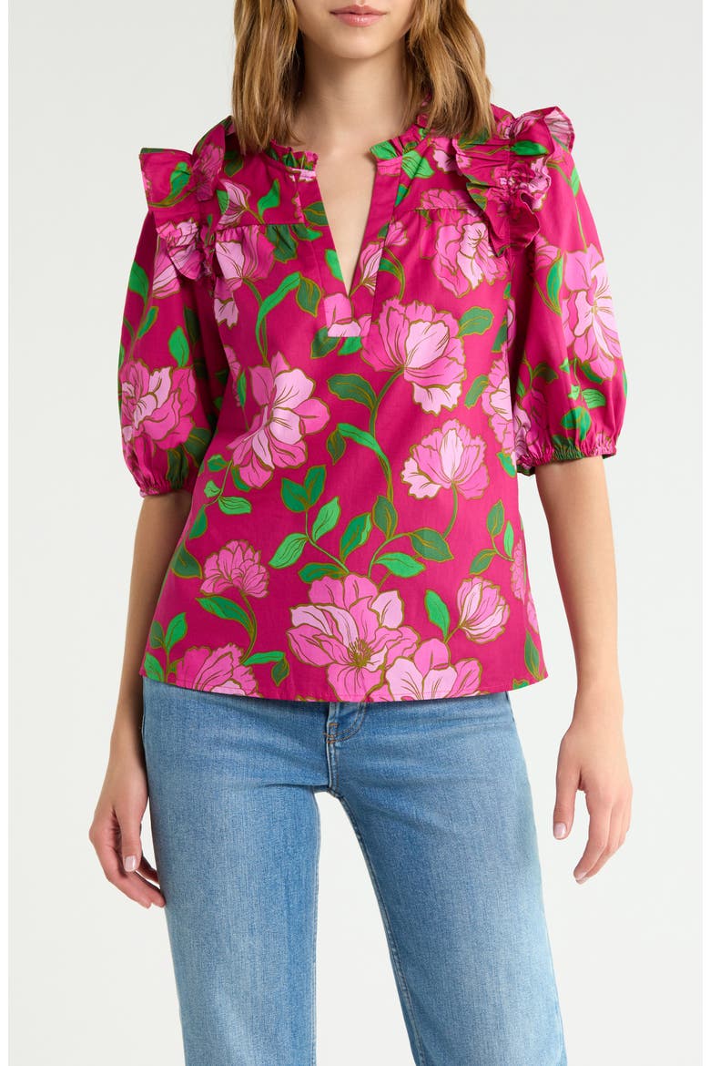 Paz Puff Sleeve Cotton Poplin Top, Main, color, PINKS-GREEN