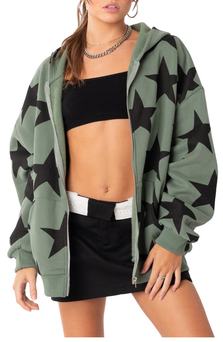 EDIKTED Star at Me Oversize Hoodie, Main, color, Olive