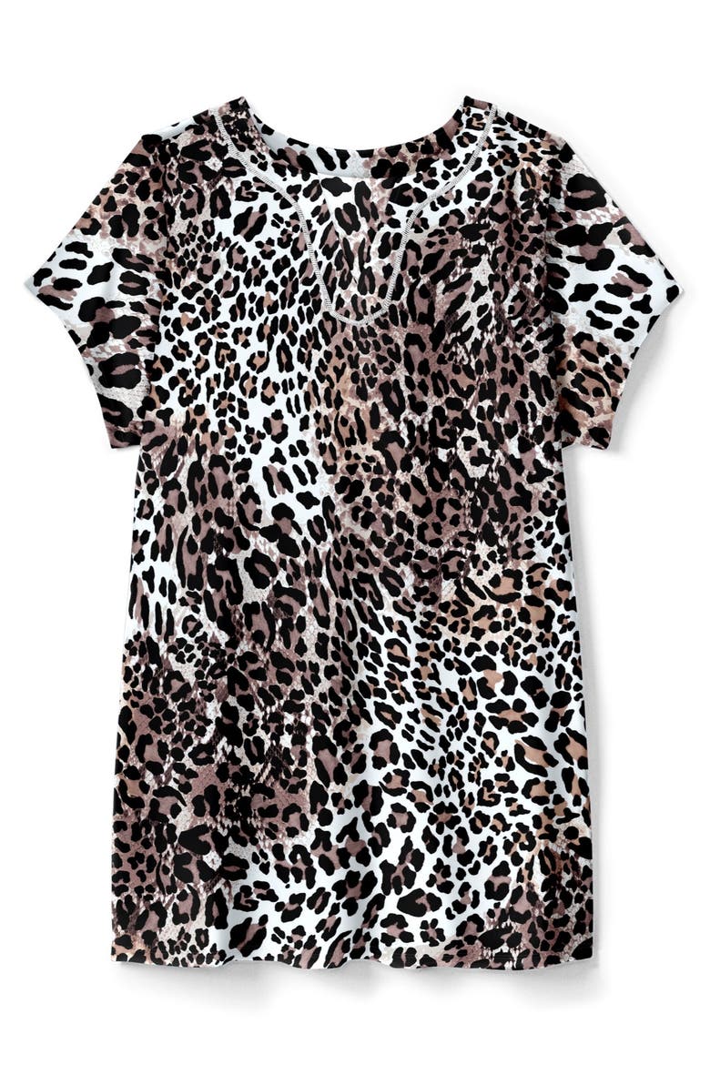 Longer-Length Notch-Neck Short-Sleeve Swim Tunic, Alternate, color, CLASSIC LEOPARD