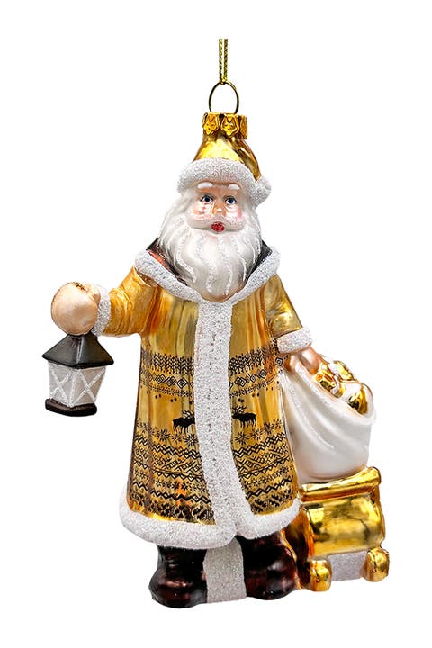 Majestic Gold Santa With Lantern Glass Ornament