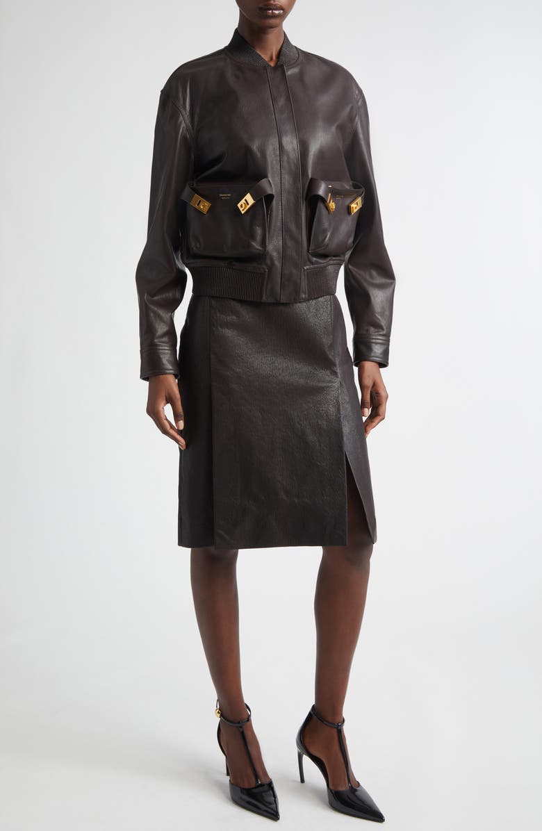 FERRAGAMO Hug Buckle Leather Bomber Jacket, Alternate, color, Expresso