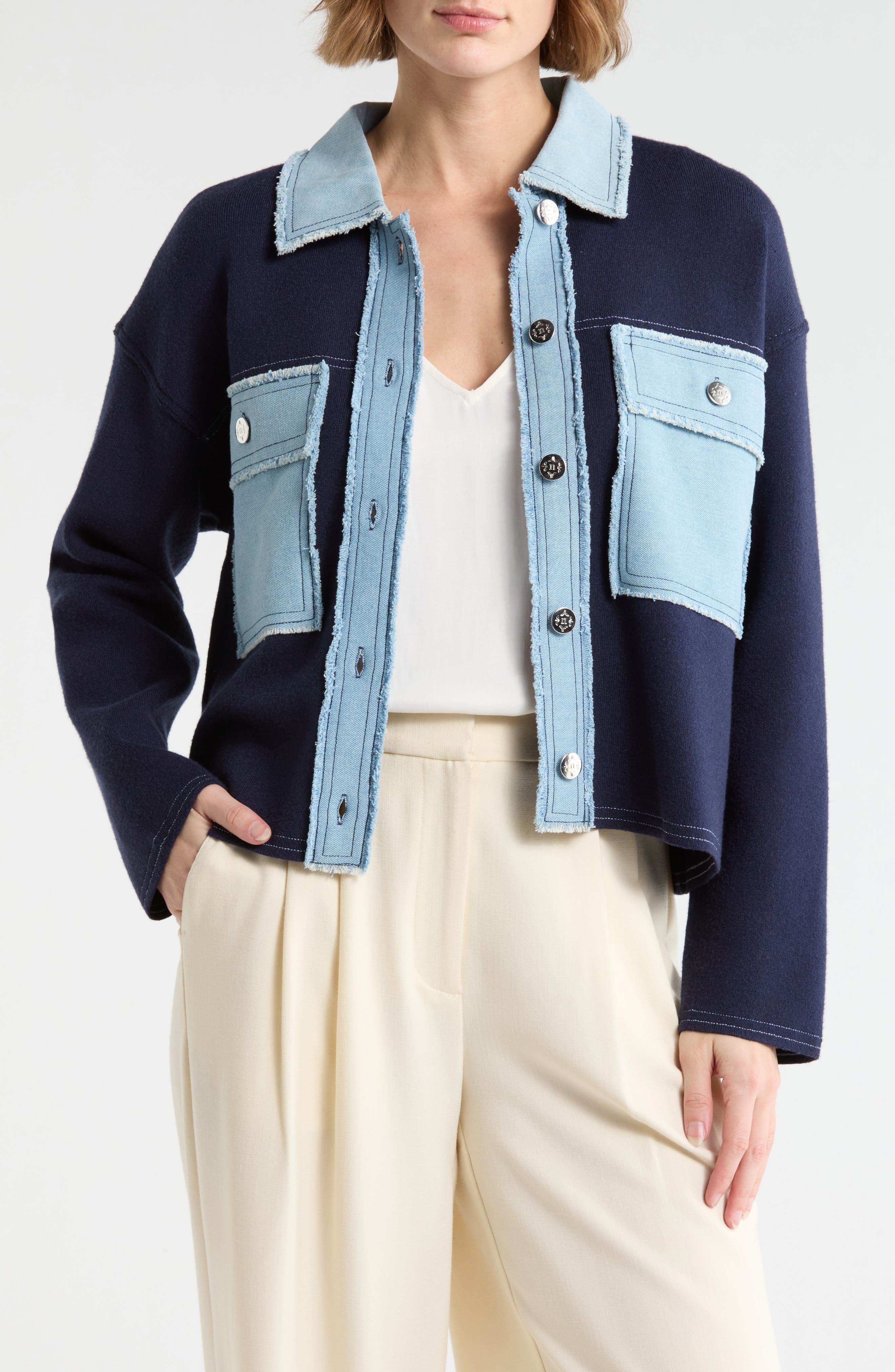 Nanette Lepore Denim Trim Button Front Cardigan