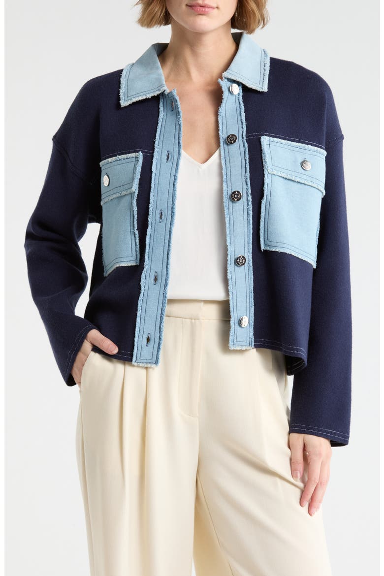 Denim Trim Button Front Cardigan, Main, color, NANETTE NAVY/ LIGH DENIM