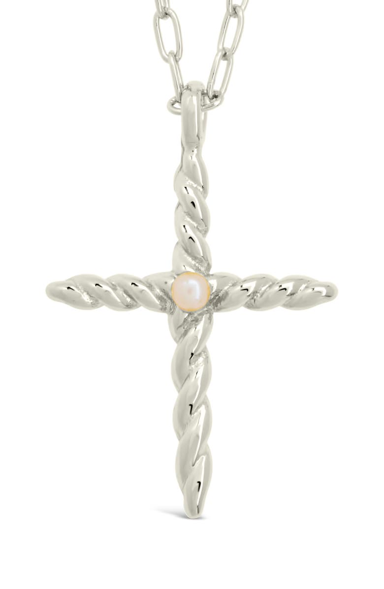 Sterling Forever Anas Cultured Pearl Cross Pendant Necklace, Alternate, color, Silver