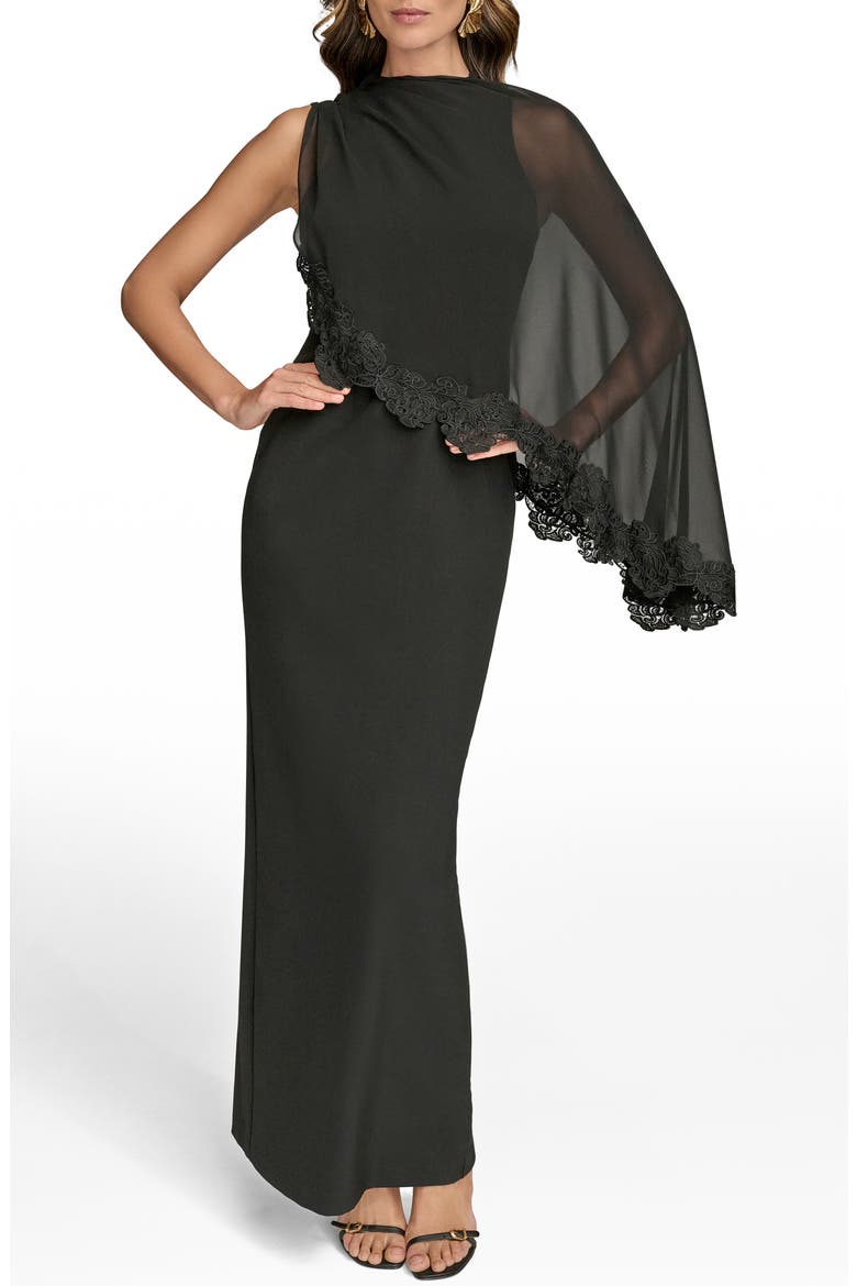Lace Trim Chiffon Capelet Scuba Knit Cocktail Dress, Main, color, BLACK