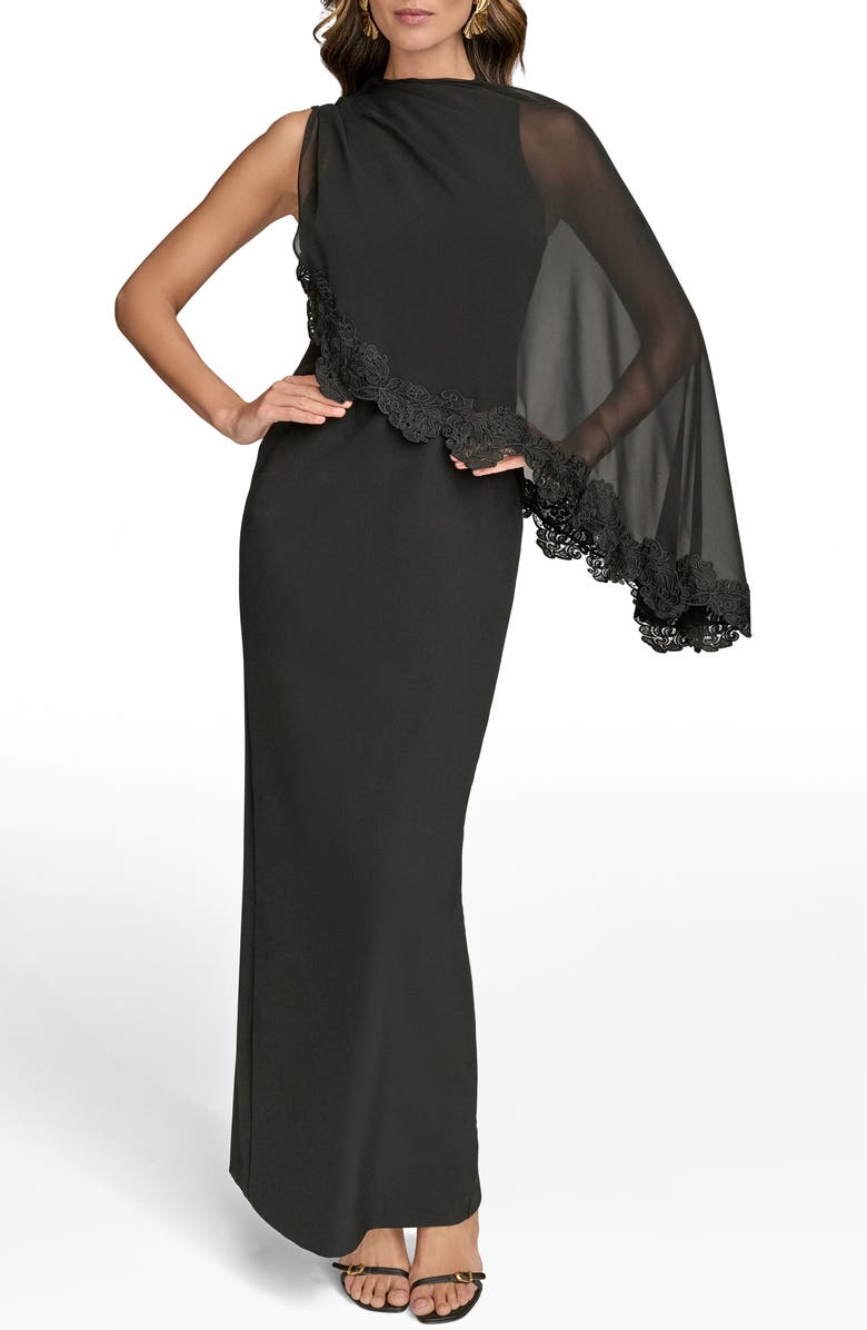 Donna Karan New York Lace Trim Chiffon Capelet Scuba Knit Cocktail Dress, Main, color, Black