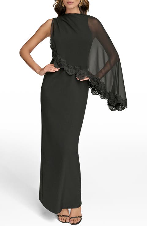 Lace Trim Chiffon Capelet Scuba Knit Cocktail Dress